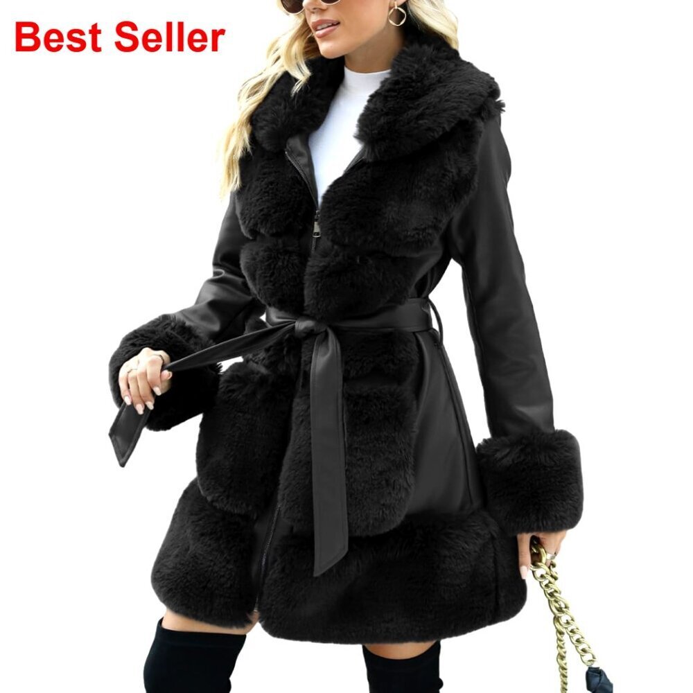 Wool Pea Coat Faux Fur Jacket Winter Warm Parka Overcoat with Belt